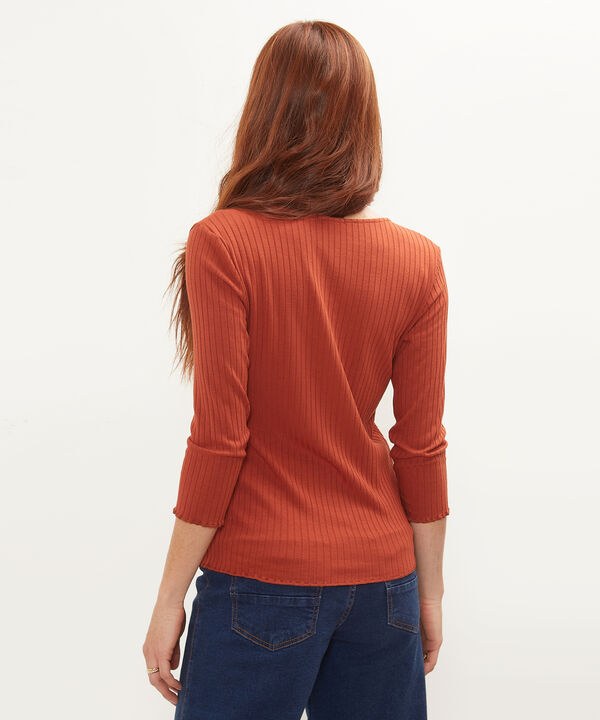 Camiseta Unicolor En Rib Con Manga 3/4