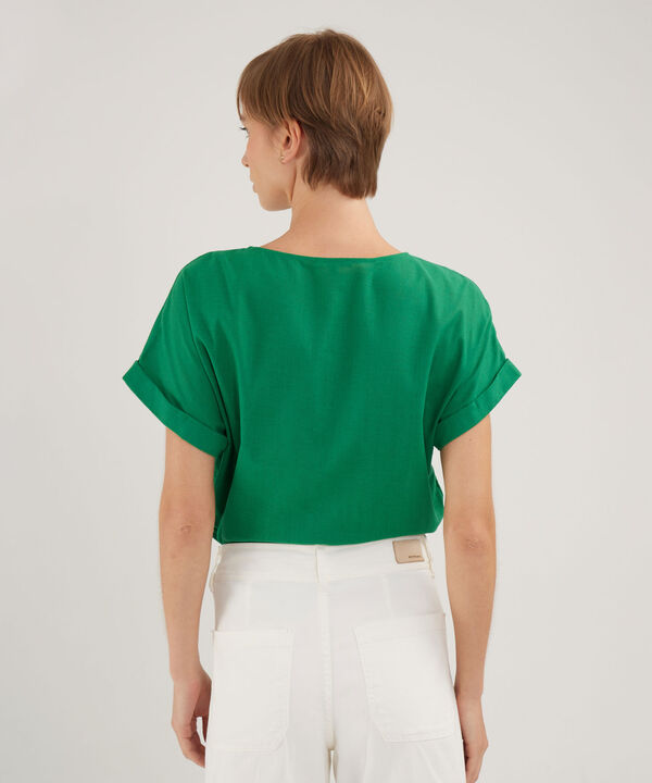 Blusa Manga Corta Con Guardapolvo  En Lino Unicolor