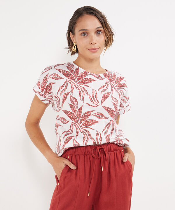 Blusa Manga Corta Con Guardapolvo  En Lino Estampada