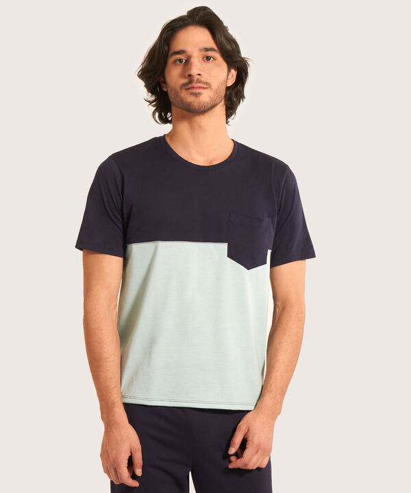 Pijama Conjunto Camiseta De Bloques Con Bolsillo Y Pantalón Unicolor