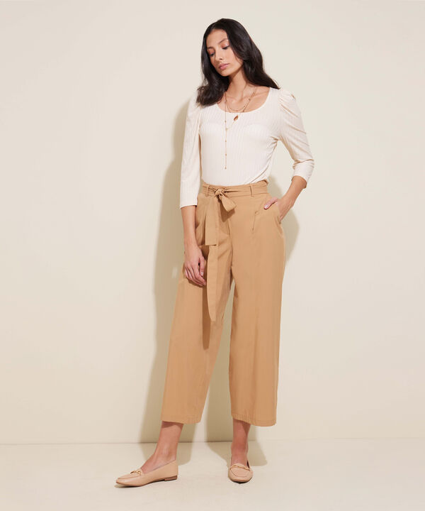 Pantalón Moda Unicolor Bota Ancha, Cintura Alta Con Prenses, Anudado En Cintura Y Bolsillos Laterales