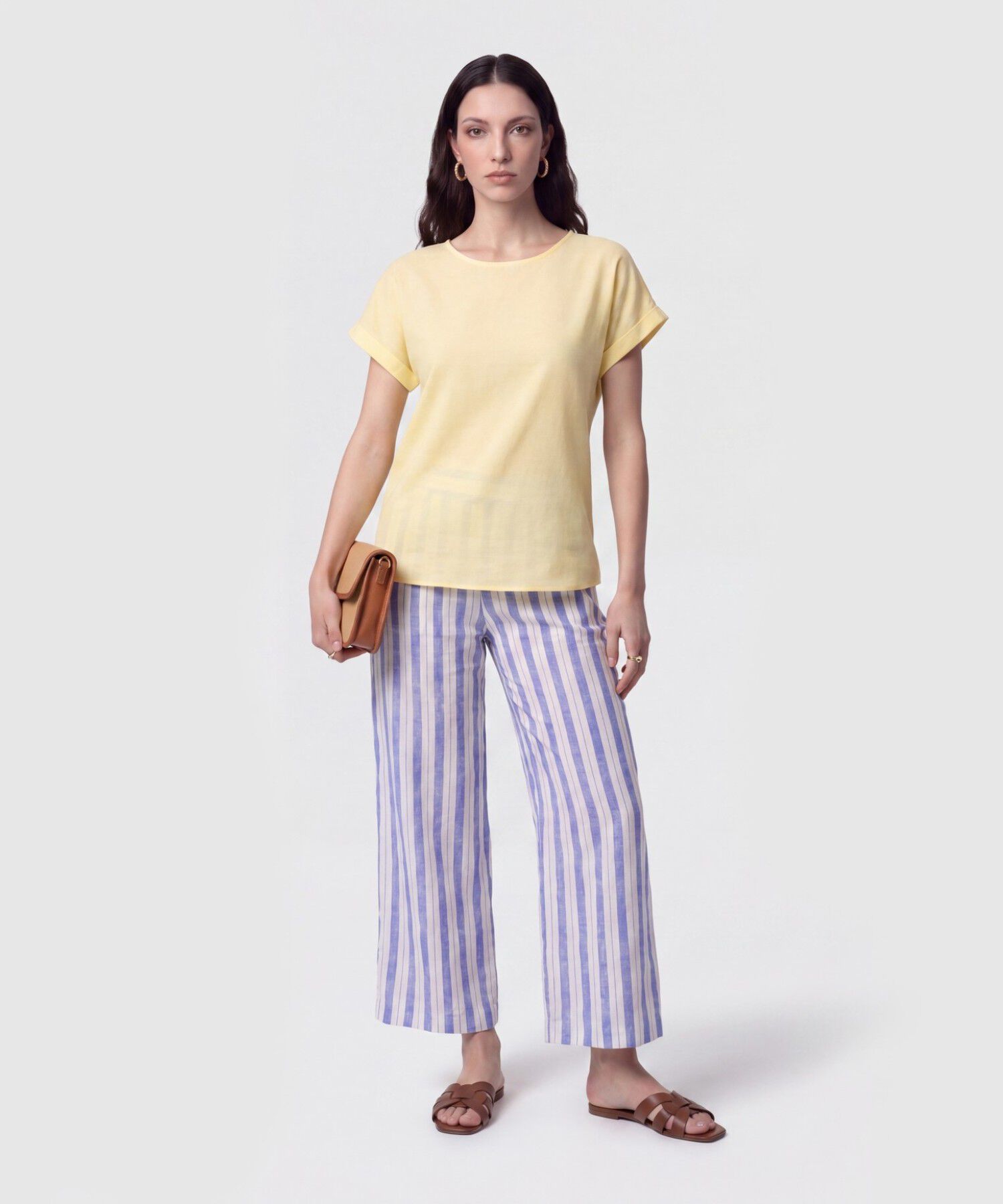 Blusa Manga Doblez Cuello Redondo Mujer