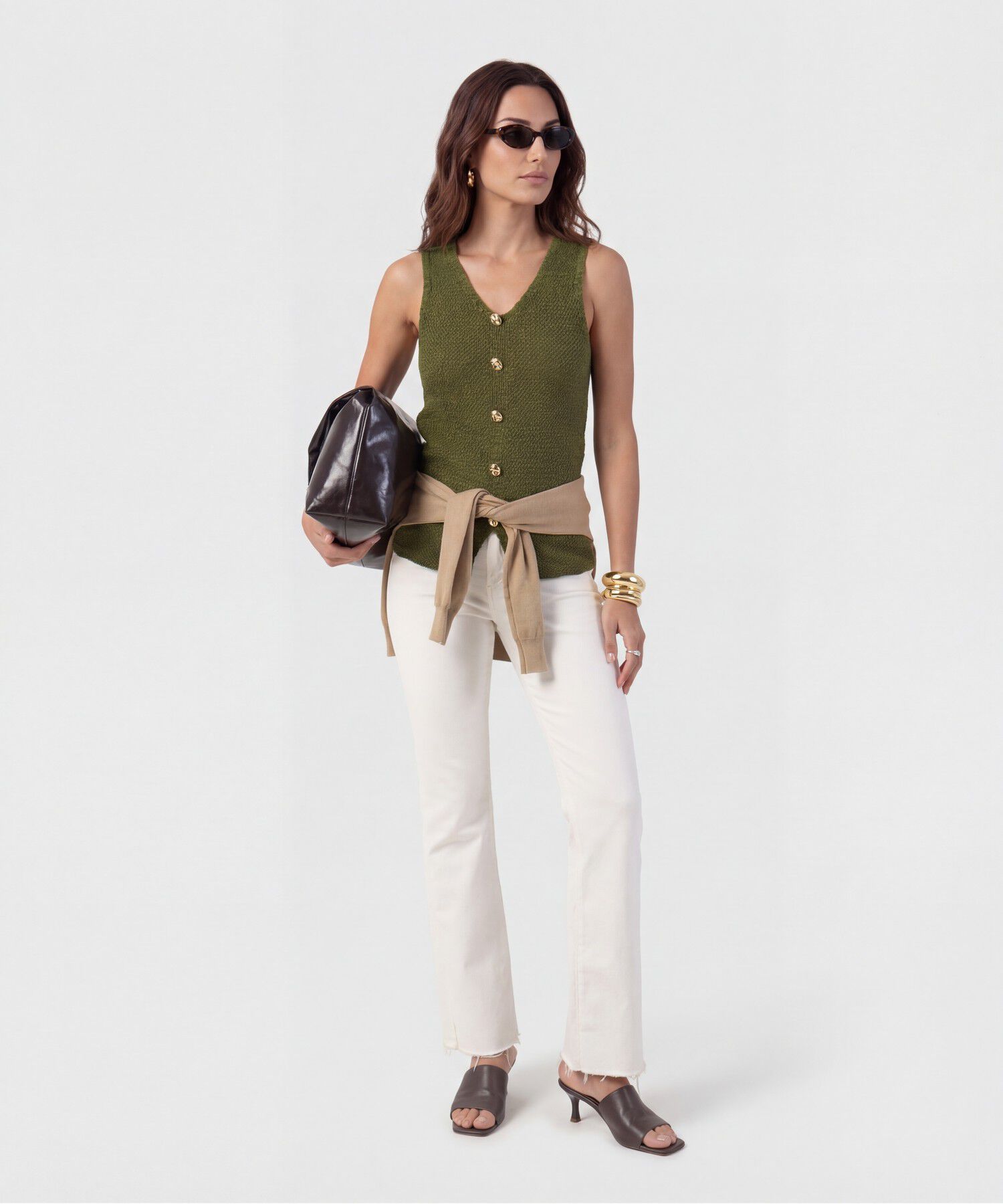 Chaleco De Tejido Con Botones Dorados Mujer