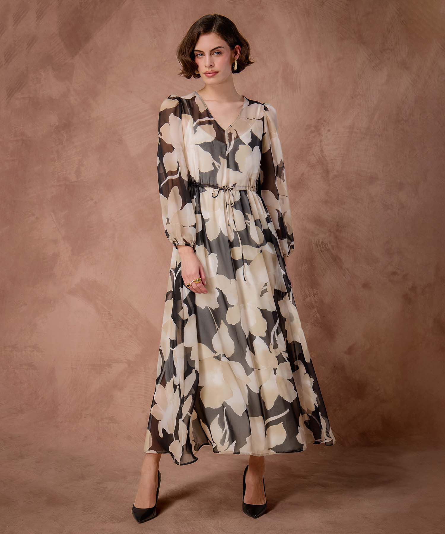 Vestido Maxi de Manga Larga y Jareta Para Mujer