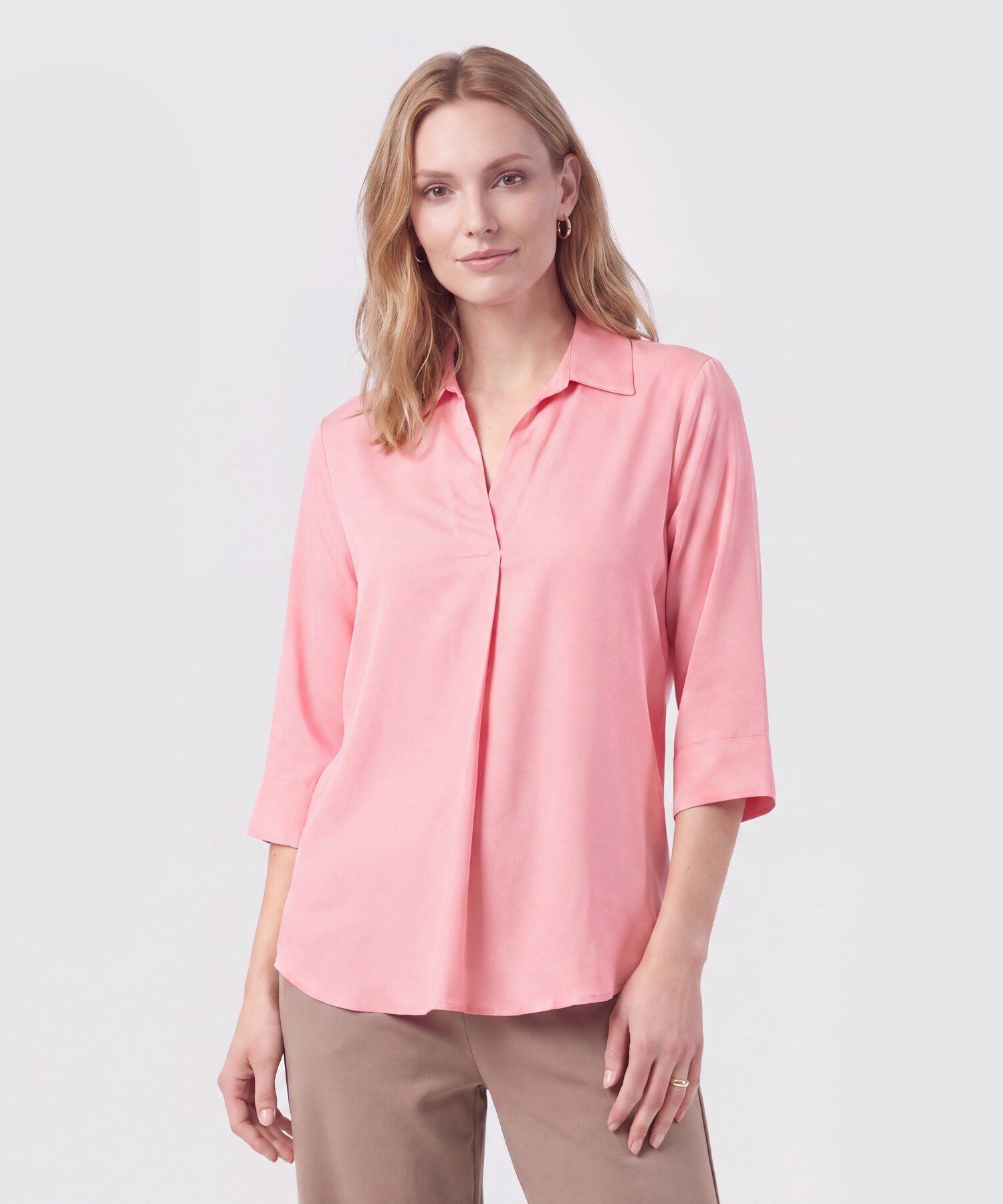 Blusa Camisera De Manga 3/4 Y Pliegue Mujer