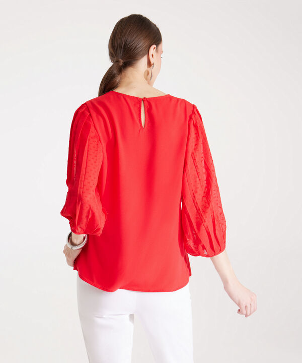 Blusa Manga 3/4 Unicolor Con Plisado En Mangas