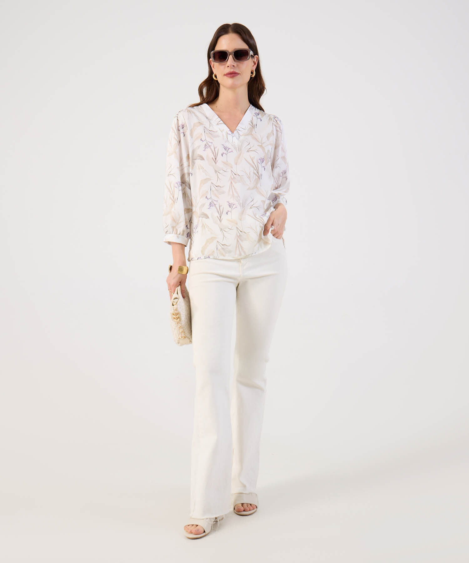 Blusa de Manga 3/4 con Escote en V para Mujer