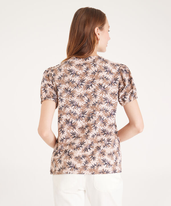 Camiseta Estampada Manga Corta Con Cabeza De Manga Bombacha, Cuello Redondo