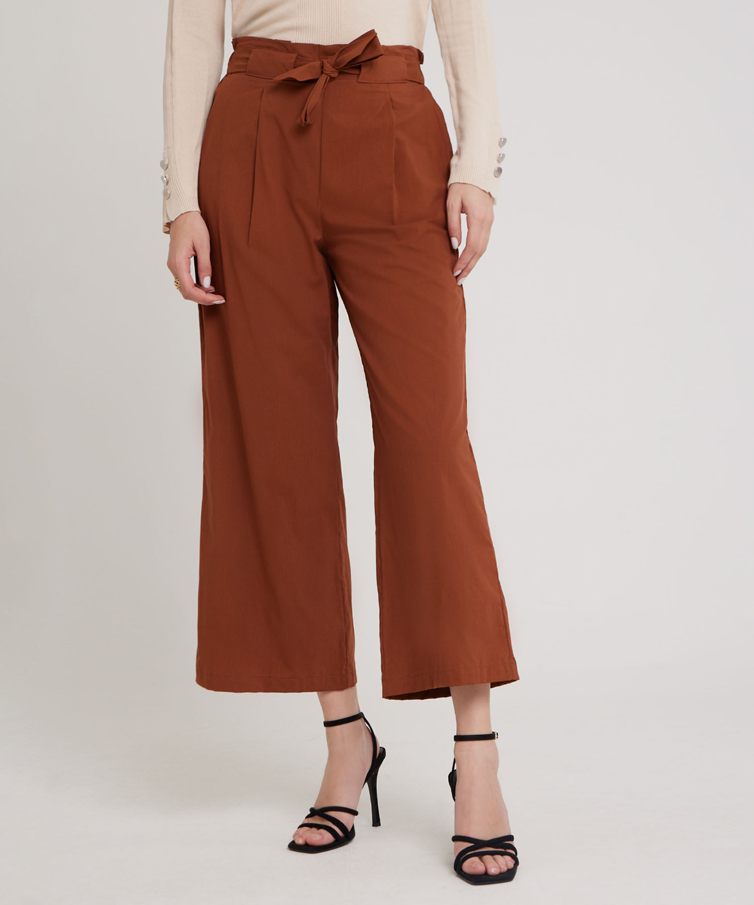Pantalon Moda Tipo Paper Bag, Bota Amplia Con Bolsillos Laterales Y Cinturón Para Anudar, Cristales Linea Moda