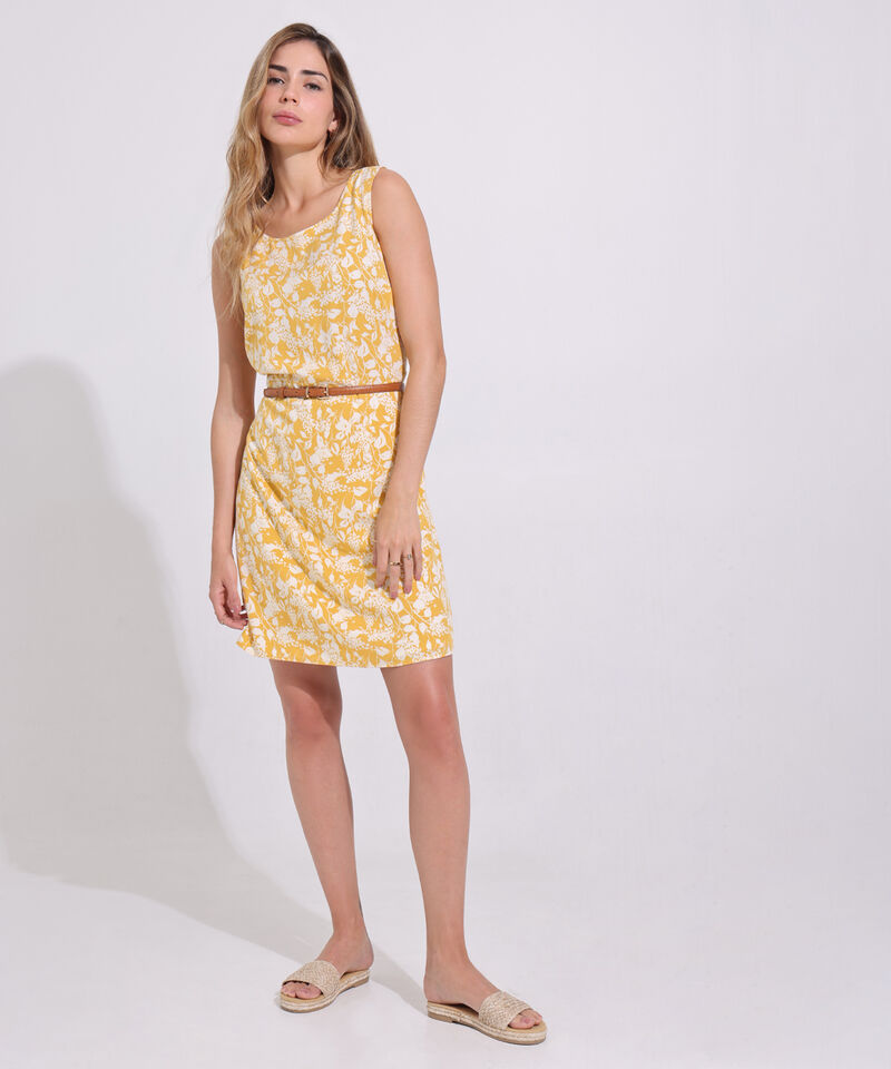 Vestido Estampado, Manga Sisa Con Cuello Redondo Y Corte En Cintura