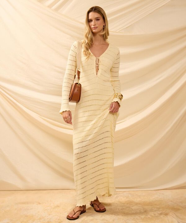 Vestido Largo Tejido Con Calados Para Mujer