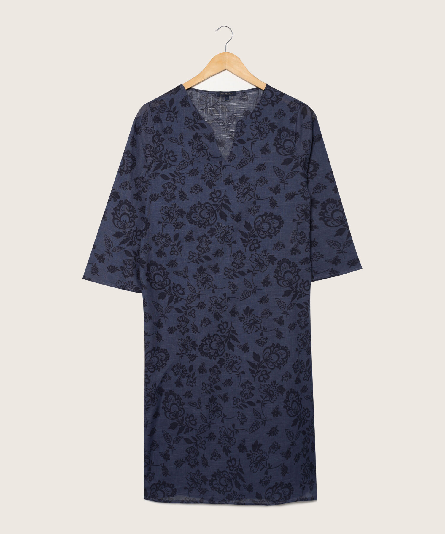 Vestido Estampado Manga 3/4 Con Cuello Herradura Y Bolsillos En Costados