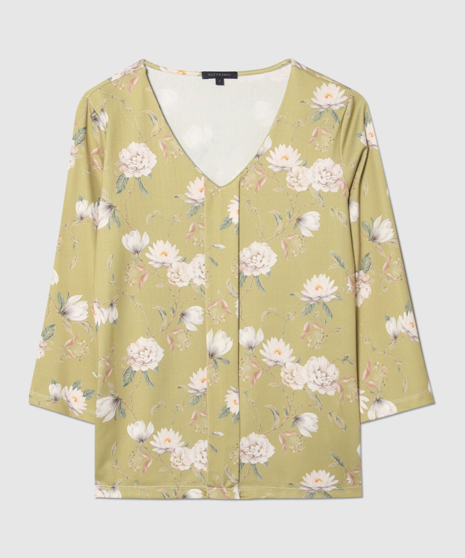 Camiseta Manga 3/4 Estampada Con Escote V Y Prense En Frente, Trópico Floral