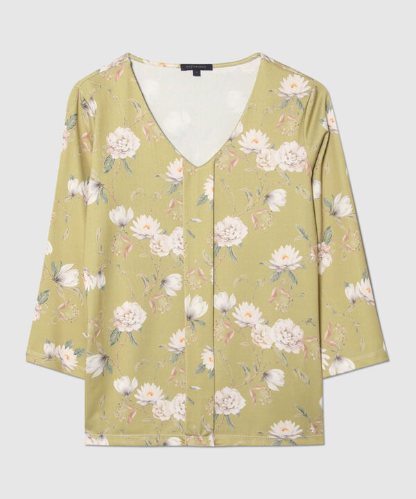 Camiseta Manga 3/4 Estampada Con Escote V Y Prense En Frente, Trópico Floral