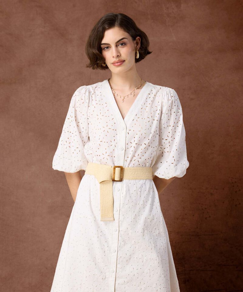 Vestido Camisero Perforado Con Cintur&oacute;n Para Mujer