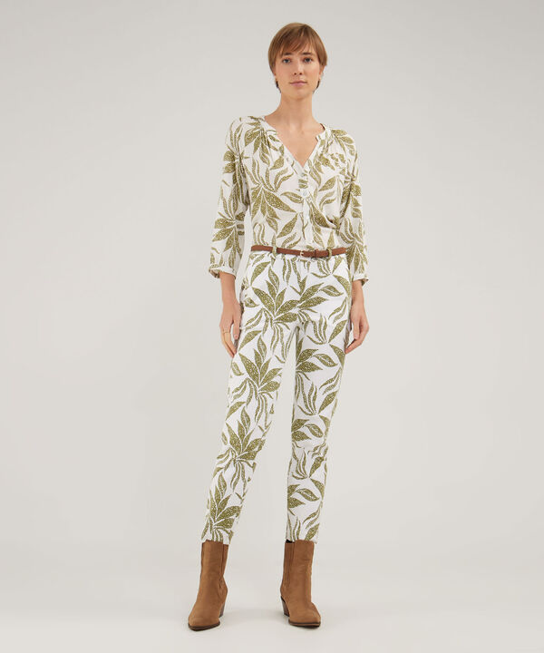 Pantalón Básico Bolsillos Diagonal Estampado Con Cinturón