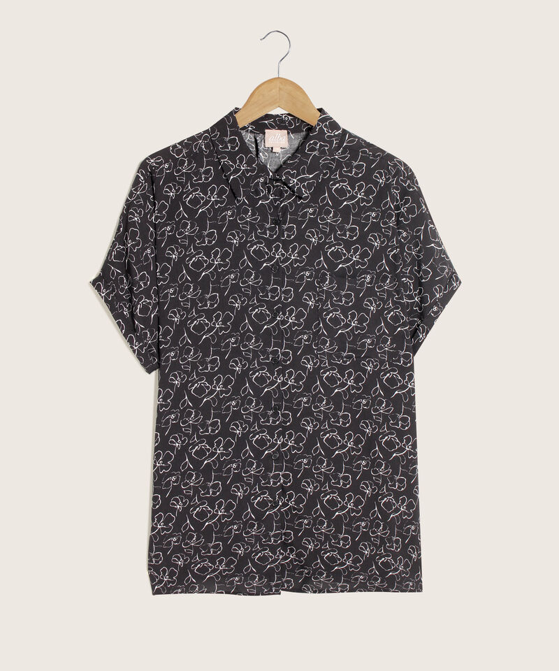 Blusa Estampada Manga Corta,  Cuello Camisero Con Pechera Y Bolsillo Cuadrado De Parche