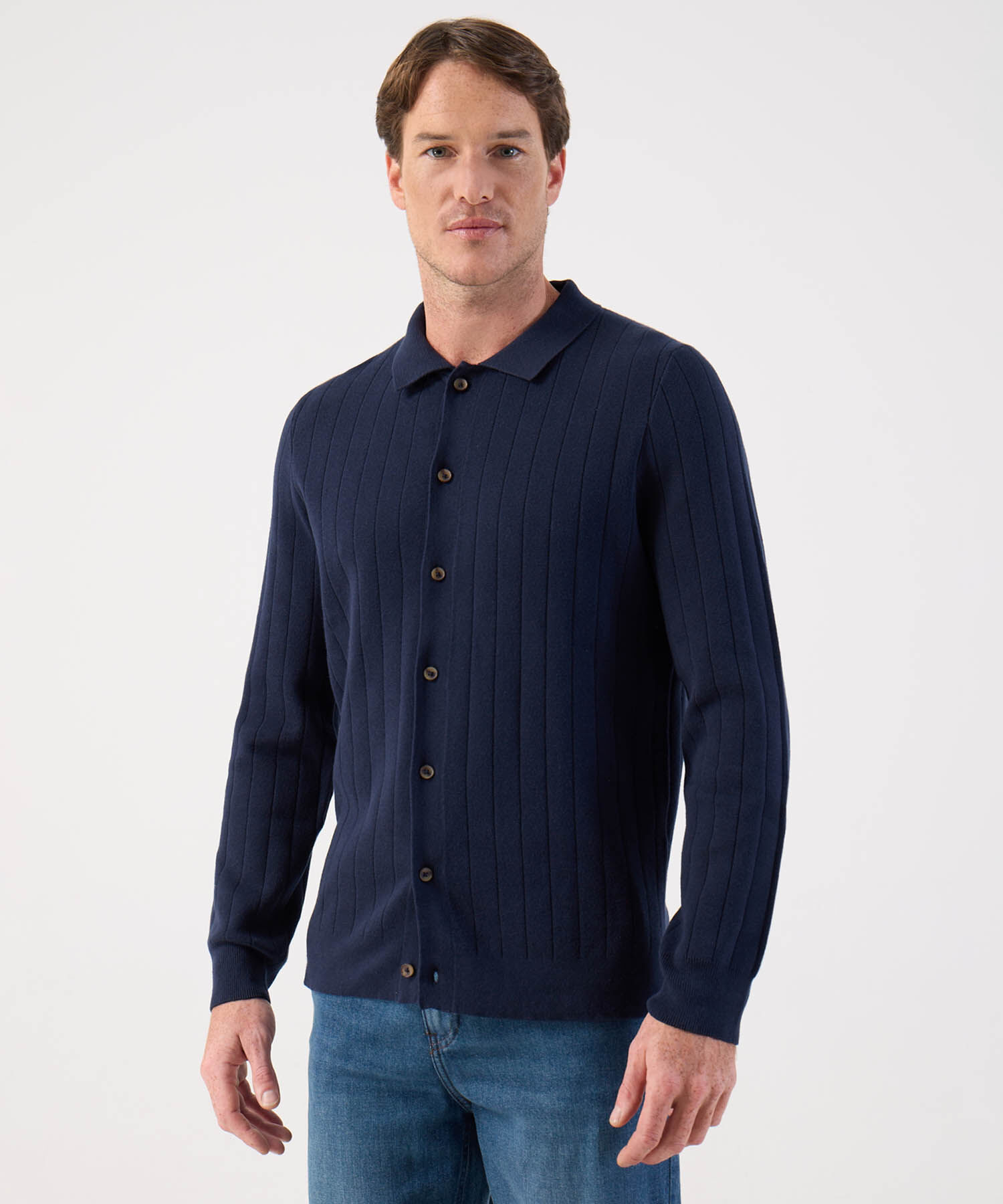 Cárdigan de Punto Acanalado con Cuello Polo Para Hombre