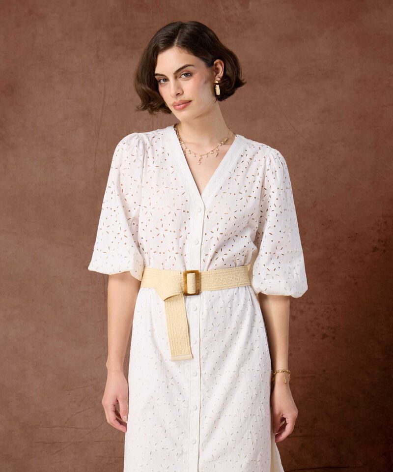 Vestido Camisero Perforado Con Cintur&oacute;n Para Mujer