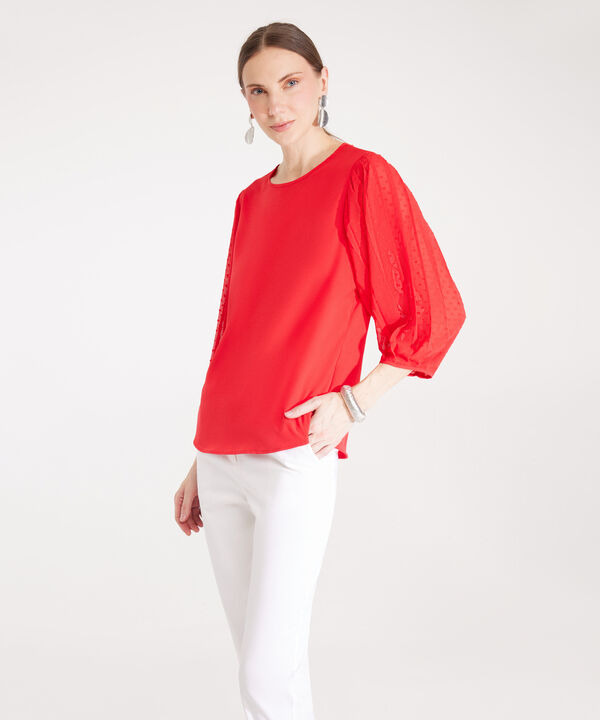 Blusa Manga 3/4 Unicolor Con Plisado En Mangas