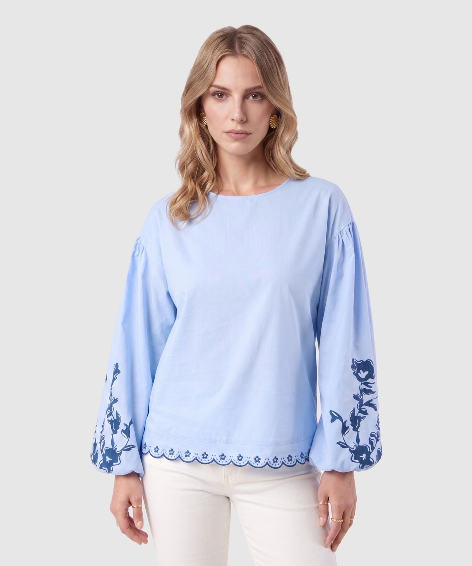 Blusa Manga Abullonada Con Bordados Mujer