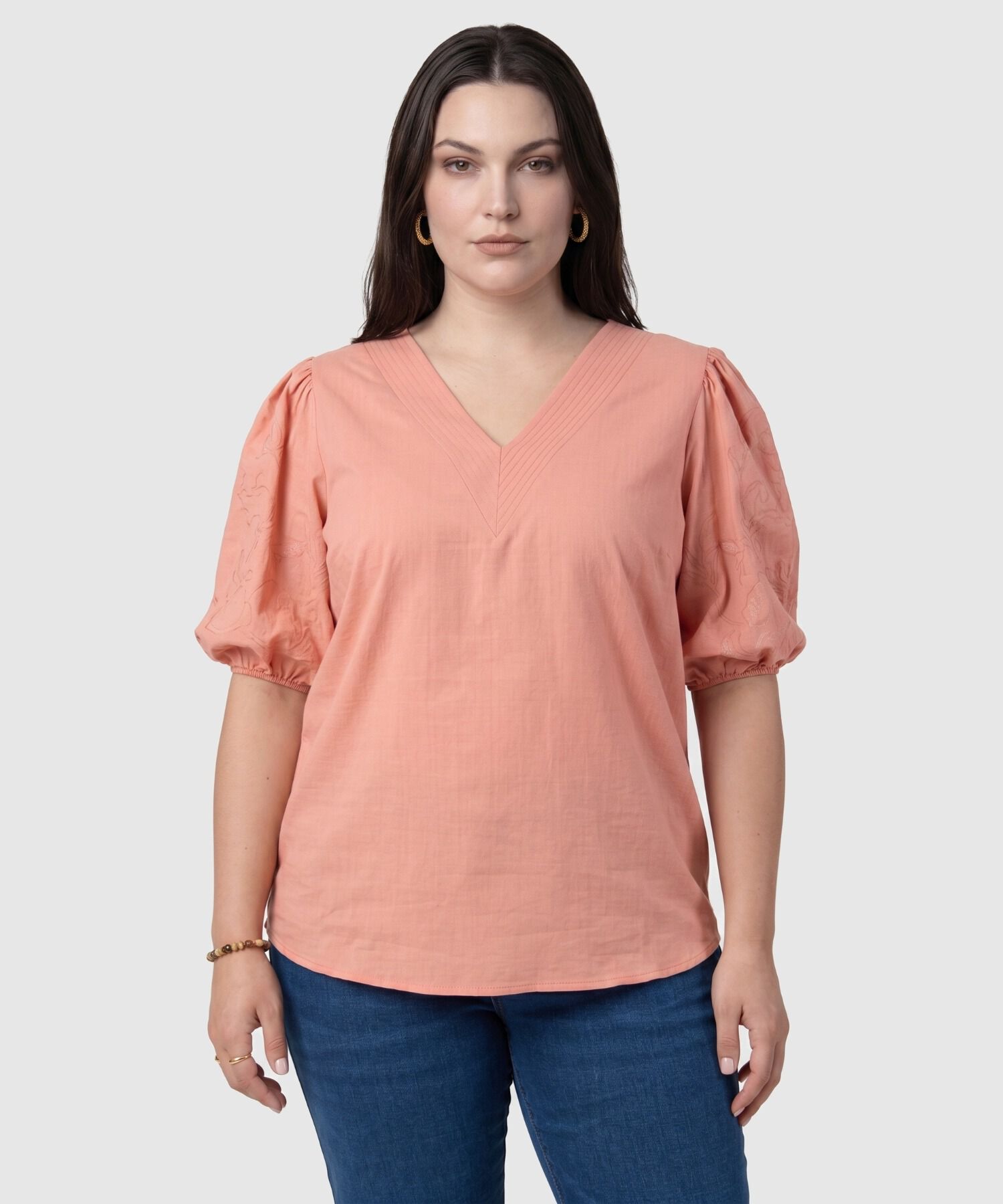 Blusa Cuello V Mangas Bordadas Mujer Curvy