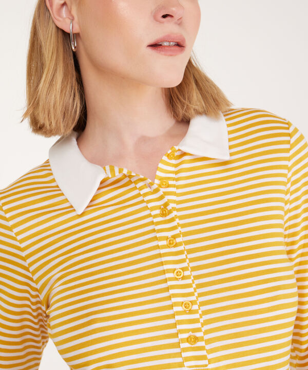 Polo Preteñida A Rayas, Manga 3/4 Con Cuello Duro Y Pechera Unicolor image number null