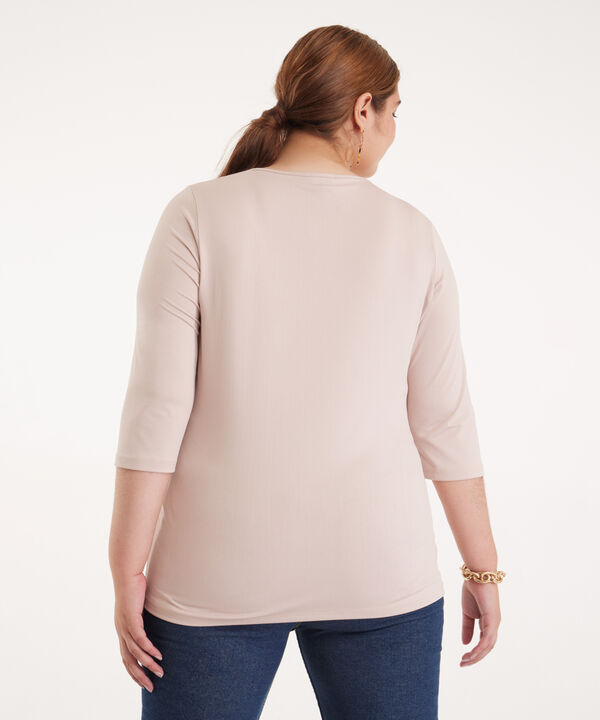 Camiseta Unicolor Con Cuello Redondo Y Manga 3/4, Líneas