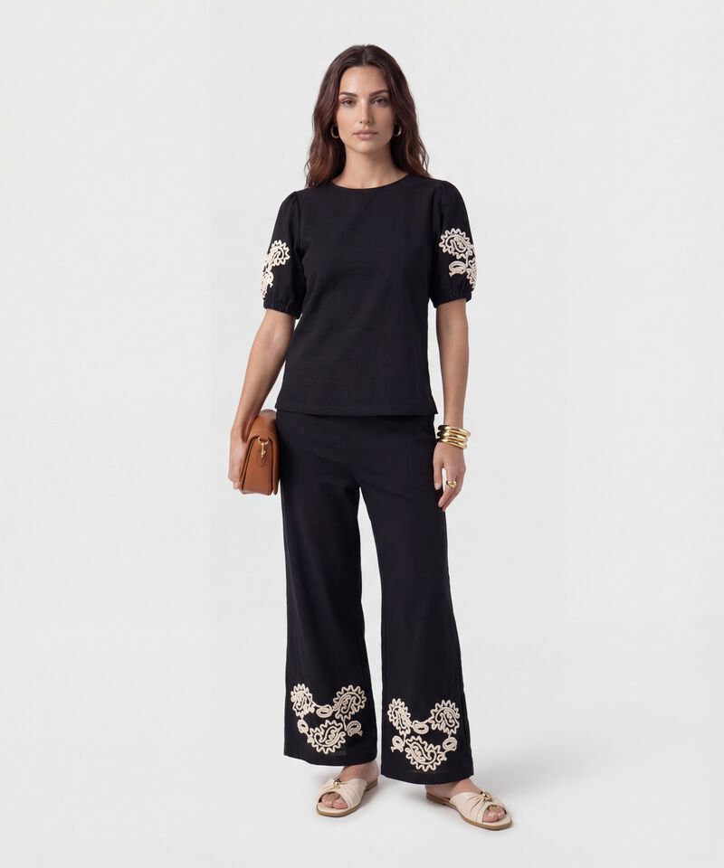 Blusa De Cuello Redondo Con Bordado Para Mujer