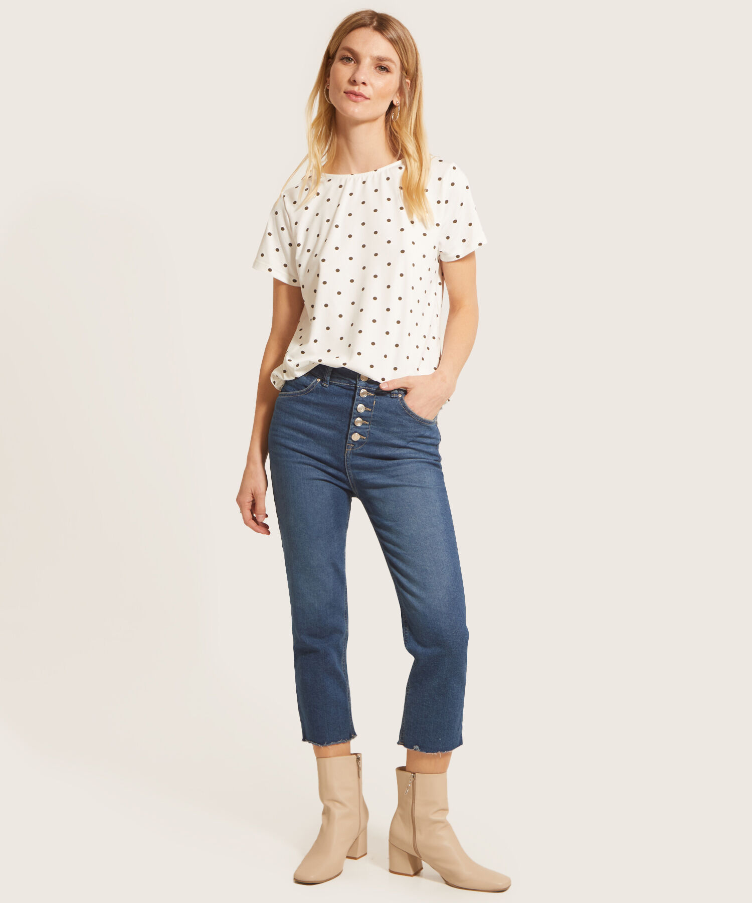 Camiseta Fluida Con Estampado De Lunares Para Mujer