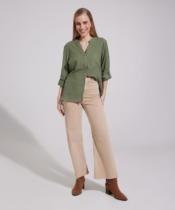 Blusa  Manga Larga Con Bolsillo Unicolor
