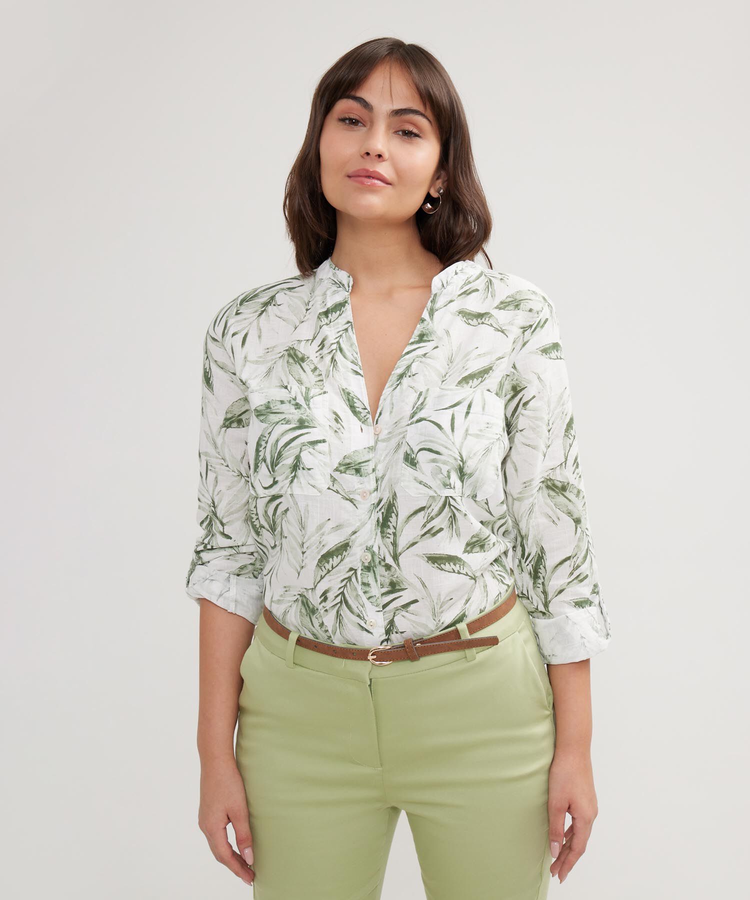 Blusa Manga Larga Estampada En Lino