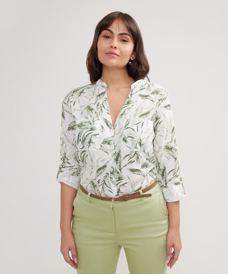 Blusa Manga Larga Estampada En Lino