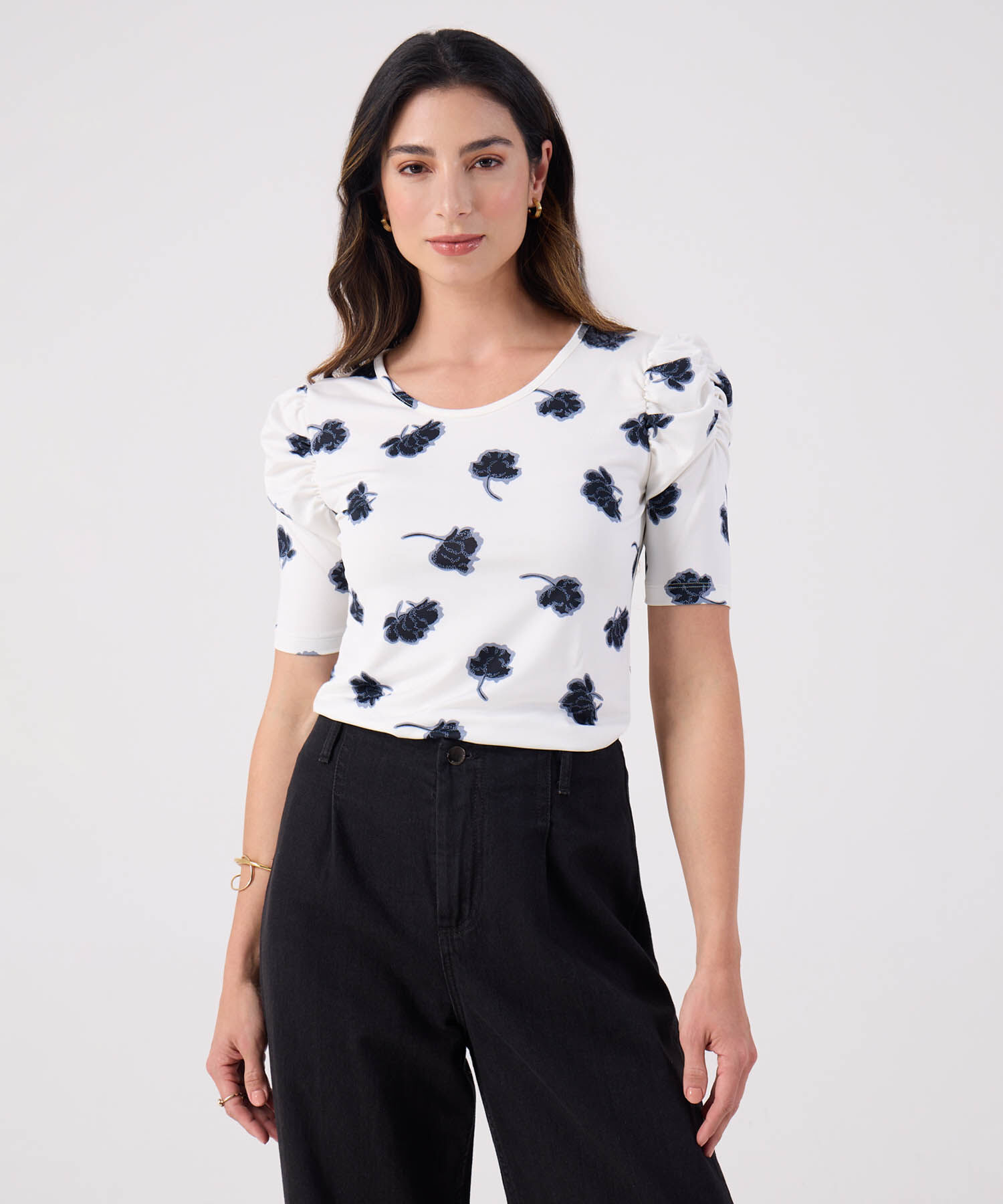 Camiseta Manga Corta Con Ruche Estampada