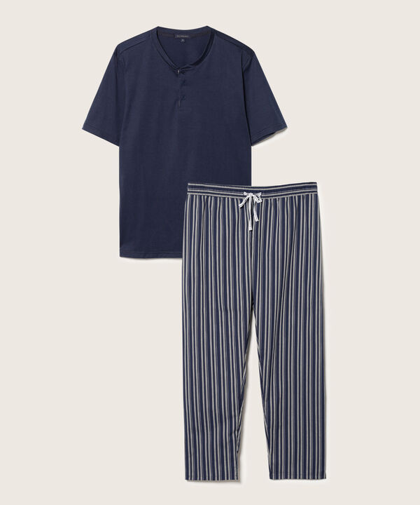 Pijama Camiseta Unicolor Cuello Henley Manga Larga, Pantalón Preteñido Rayas