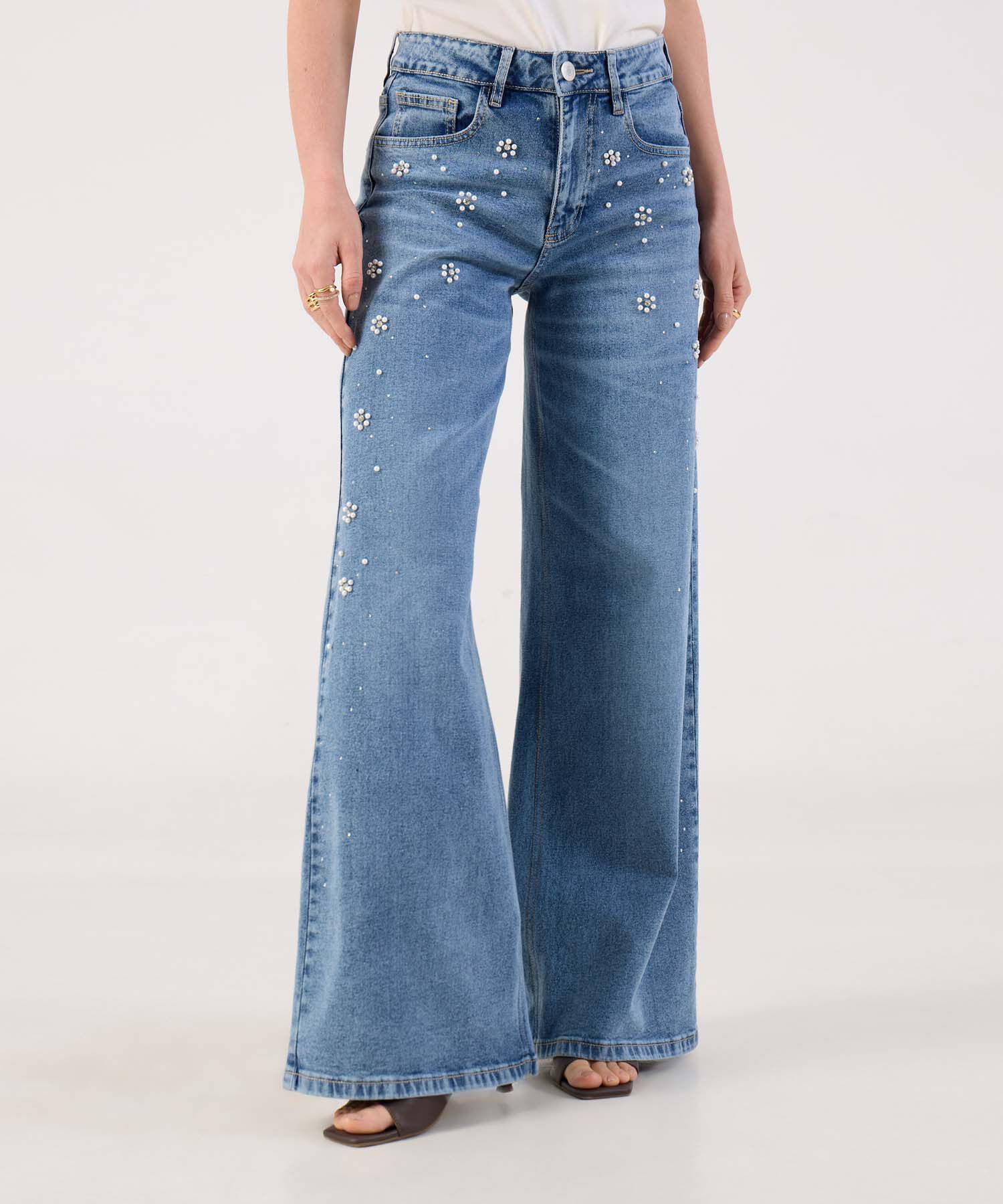 Jean Wide Leg Con Apliques De Perlas Para Mujer
