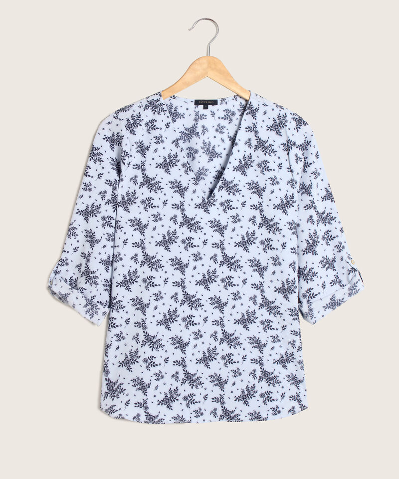 Blusa Estampada, Manga 3/4 Con Charretera, Cuello En V Y Silueta Fluida