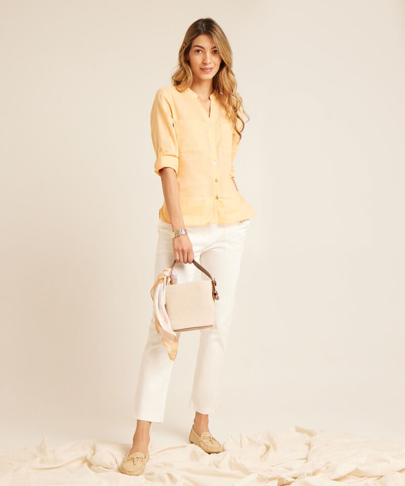 Blusa Unicolor, Manga Larga Con Charretera, Cuello En V Con Cuello Neru Y Bolsillos