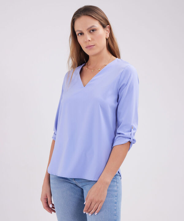 Blusa Unicolor Manga 3/4 Con Cuello En V, Charretera Para Graduar