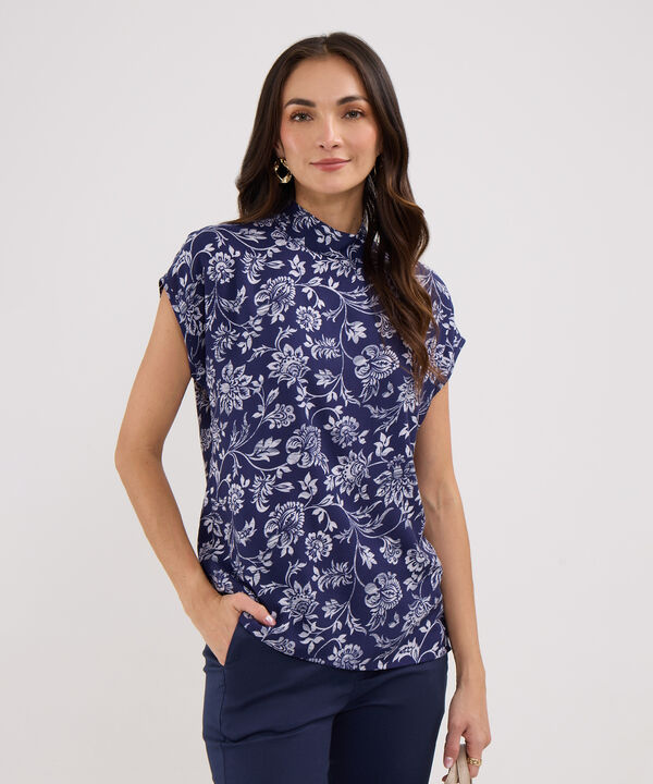Blusa Estampada, Manga Corta, Cuello Alto, Silueta Fluida image number null