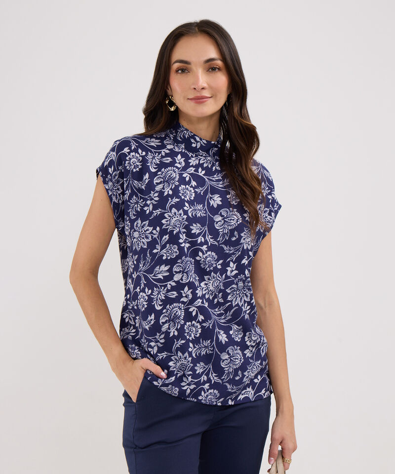 Blusa Estampada, Manga Corta, Cuello Alto, Silueta Fluida