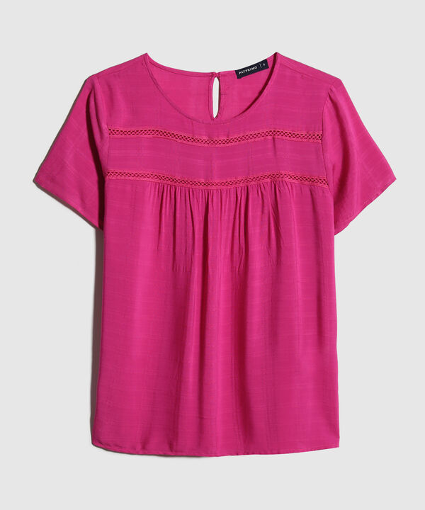 Blusa Unicolor Manga Corta, Escote Redondo Con Encaje Y Recogido Sutil