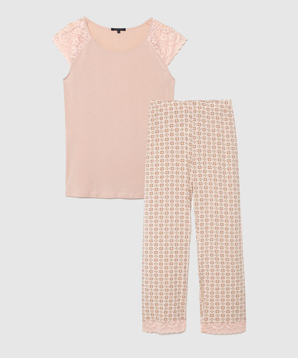Pijama Set Camiseta Manga Corta Unicolor Con Encaje Y Pantal&oacute;n Estampado Con Encaje
