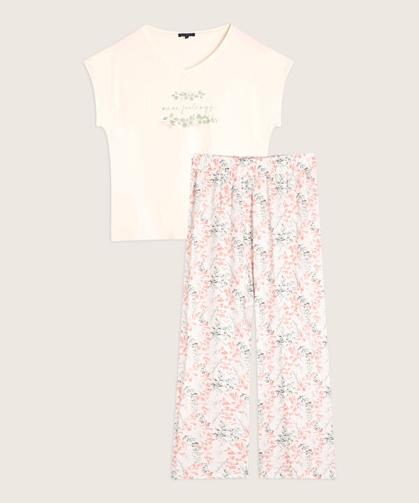 Pijama Corto, Camiseta Cuello En V Con Screen Y  Pantalon Capri Tejido Plano