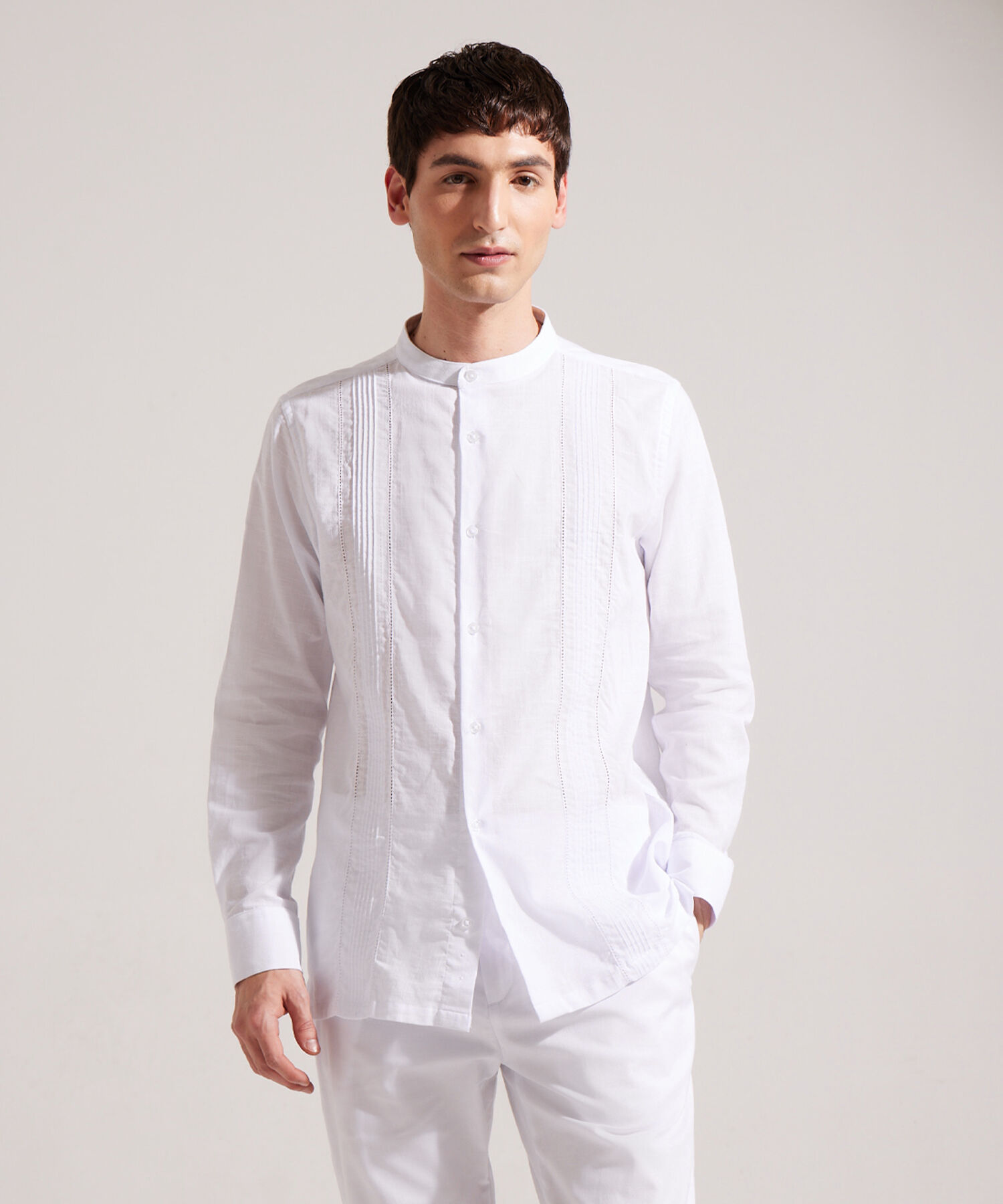 Camisa Guayabera Manga Larga  Cuello Neru En Algodón