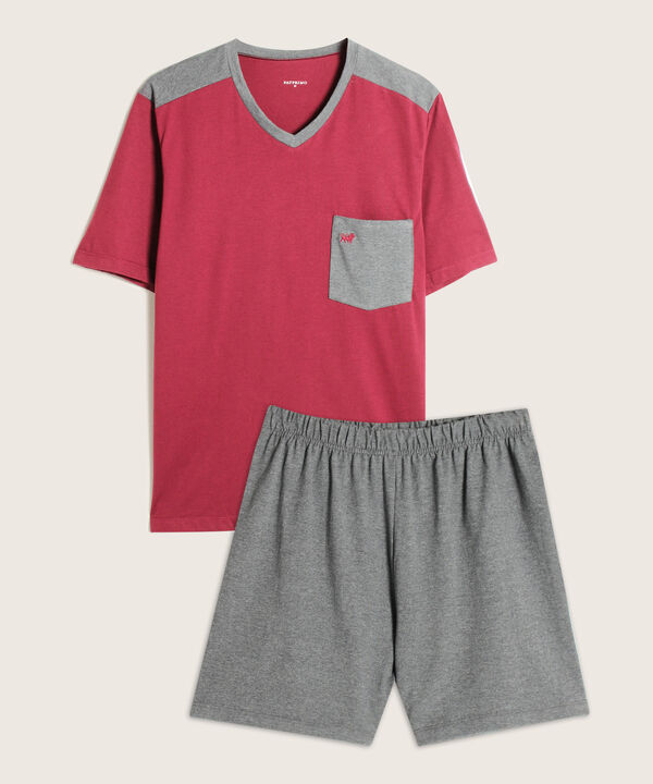 Pijama Set Camiseta Unicolor Con Cortes En Hombre Contraste Bolsillo Y Bermuda Unicolor