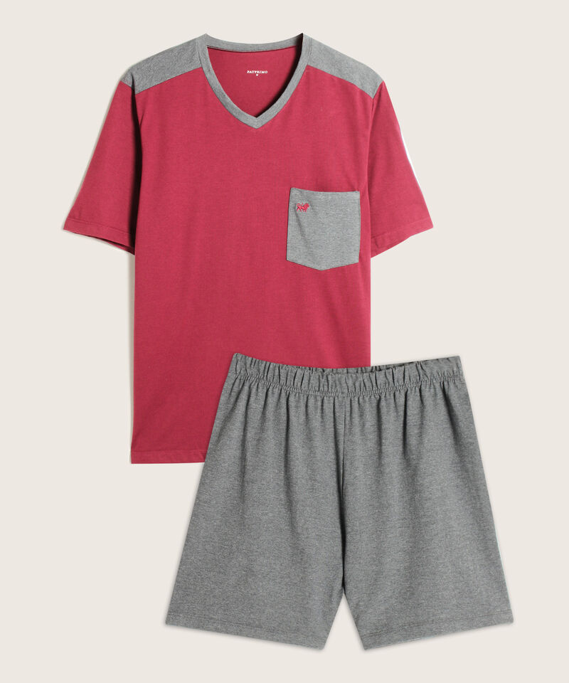 Pijama Set Camiseta Unicolor Con Cortes En Hombre Contraste Bolsillo Y Bermuda Unicolor
