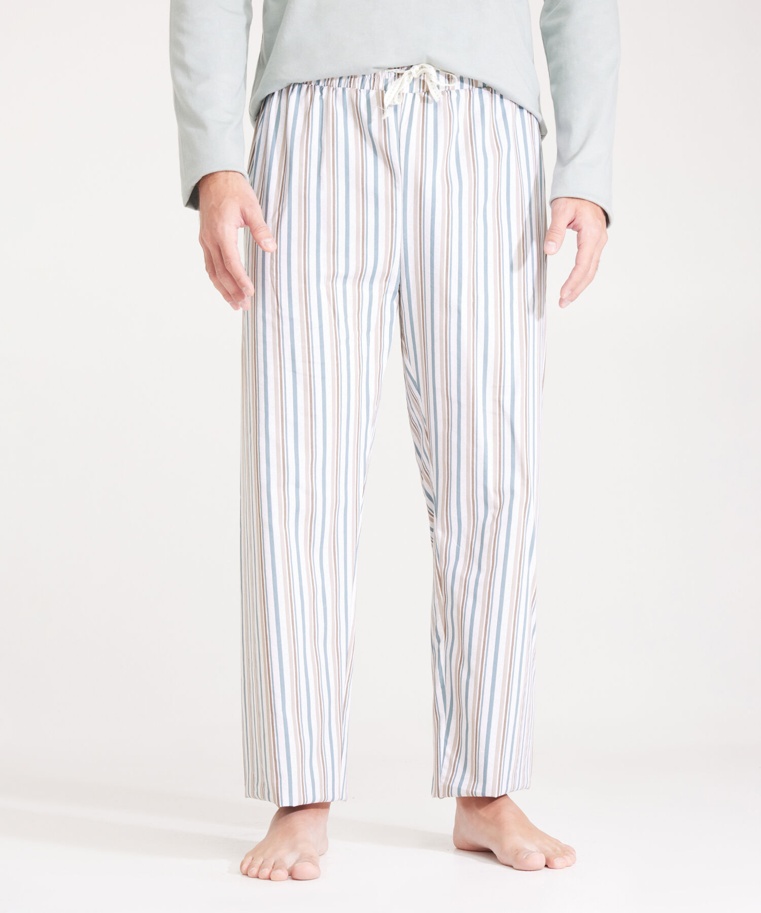 Pijama Set, Camiseta Crew Neck Manga Larga Unicolor Con Bolsillo Y Pantalón Estampado A Rayas