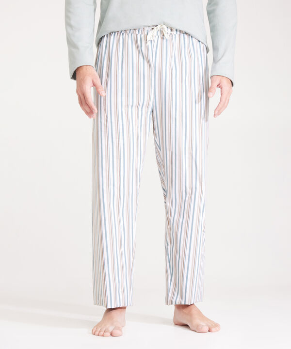 Pijama Set, Camiseta Crew Neck Manga Larga Unicolor Con Bolsillo Y Pantalón Estampado A Rayas