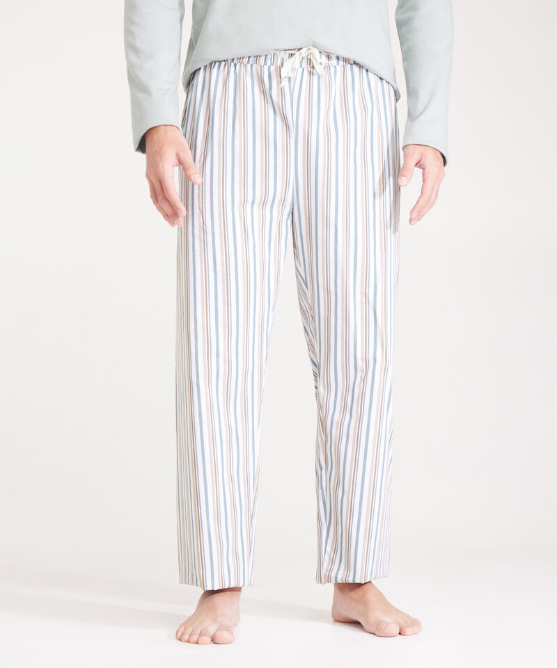 Pijama Set, Camiseta Crew Neck Manga Larga Unicolor Con Bolsillo Y Pantalón Estampado A Rayas